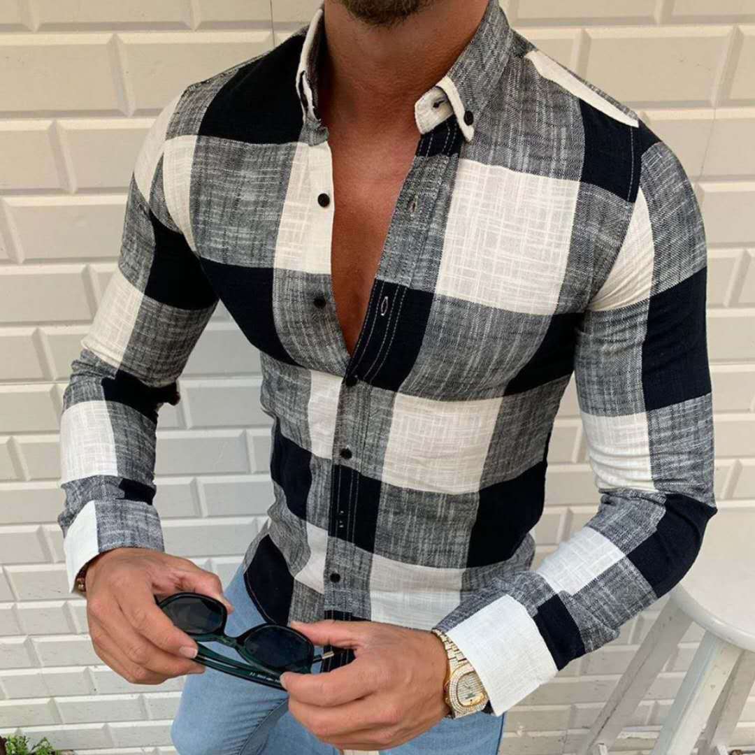 Foreign trade new Plaid large size long sleeve men's casual shirt AliExpress wish men's shirt spot fashion