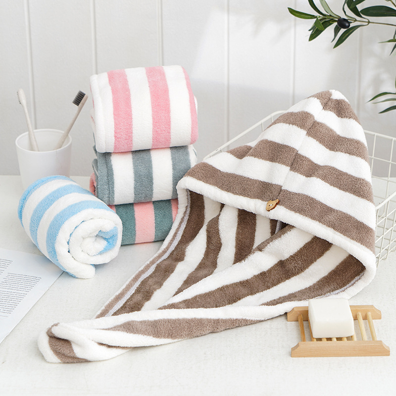 Japanese Microfiber Thickened Coral Fleece Cationic Hair Drying Cap Headband Water Absorbent Quick Drying Striped Shower Cap Wholesale