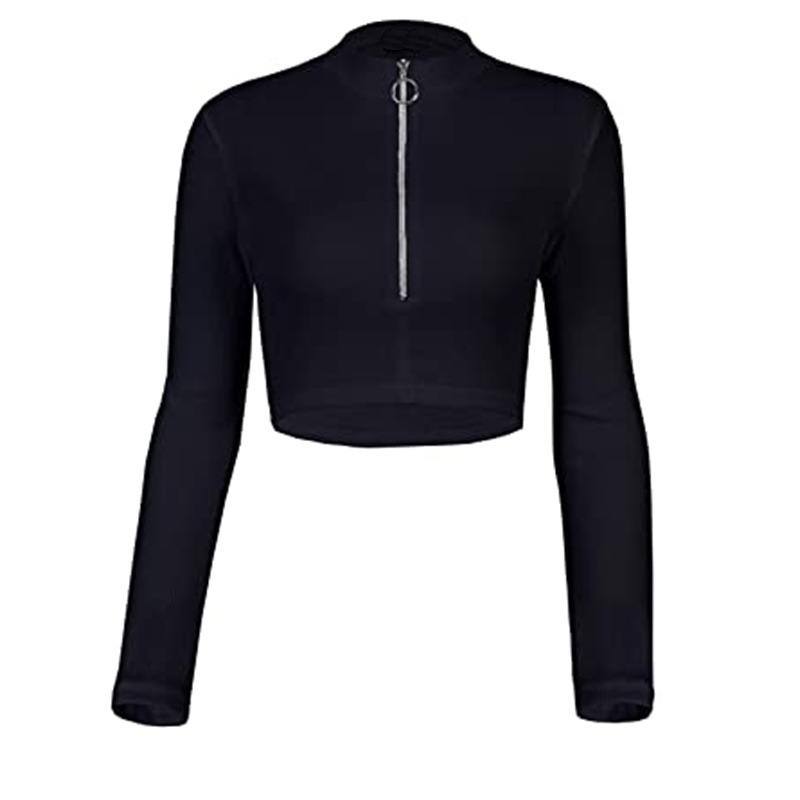 2023 Spring and Autumn new women's clothing one-piece delivery foreign trade hot girl Autumn sexy top women's black zipper long sleeve
