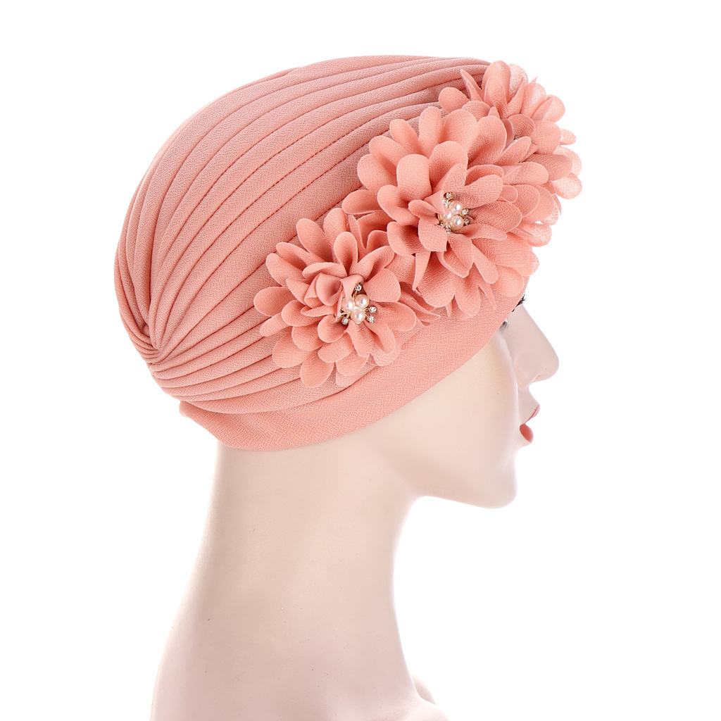 10 color AliExpress turban hat pleated watermelon hat applique three flower turban hat fashion bag head hat
