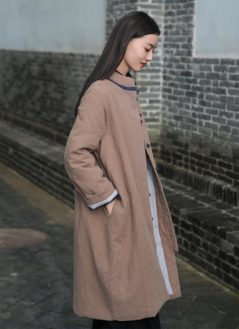 2023 Winter Neue Vintage Chinesischen Stil Vertikale Kragen Chinesischen Stil Kontrast Farbe Platte Schnalle Mittellange Baumwolle gefütterte Jacke Leinen Lose Baumwolle-pad_voghion.com