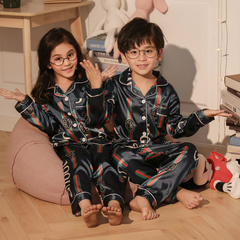 Children's Pajamas Thin Boys and Girls Big Baby Summer Suit Girls Kids Long Sleeve Ice Silk Air Conditioning Home Clothes