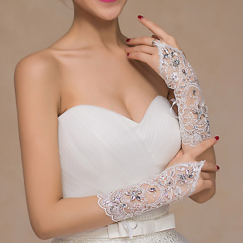 [Vente en gros directe d'usine] Nouveaux gants courts en dentelle et diamant pour les doigts, gants d'étiquette de mariage pour mariée_voghion.com