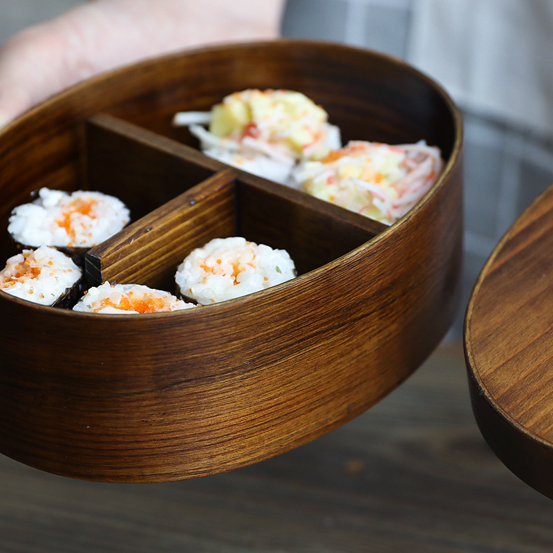 レトロ多層弁当箱純色携帯木製学生日本式食事箱寿司箱学生弁当箱|undefined