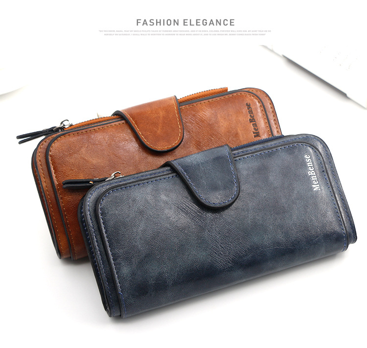 Stilvolle lange Geldbörse für Damen, einfaches Ölwachsleder, einfarbig, Münzgeldbörse, Clutch für Damen_voghion.com