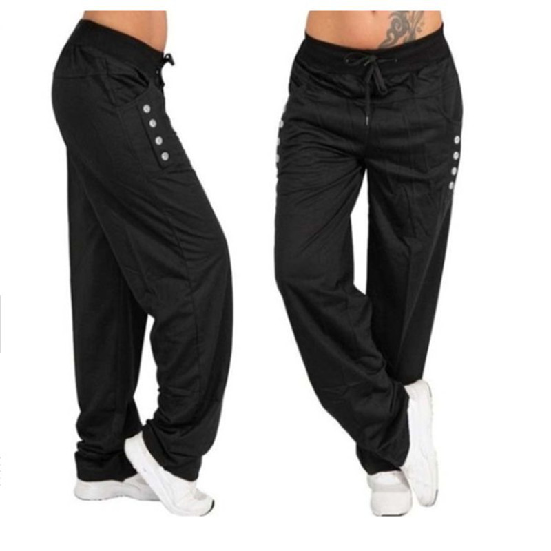 European and American Foreign Trade Autumn and Winter Sports Pants Fitness Pants Women's Running Training Yoga Pants Button Thickened Loose Wide-leg Pants
