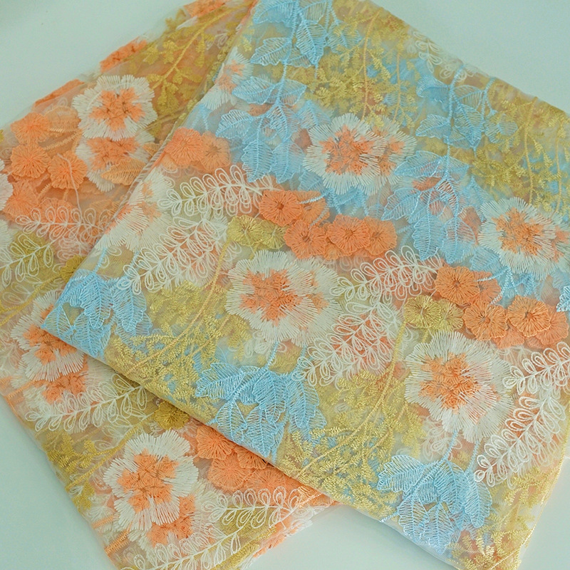 Mesh Fabric Blue Milk Silk Embroidered Cloth Wedding Dress Cheongsam Clothing Fabric Handmade diy Cloth