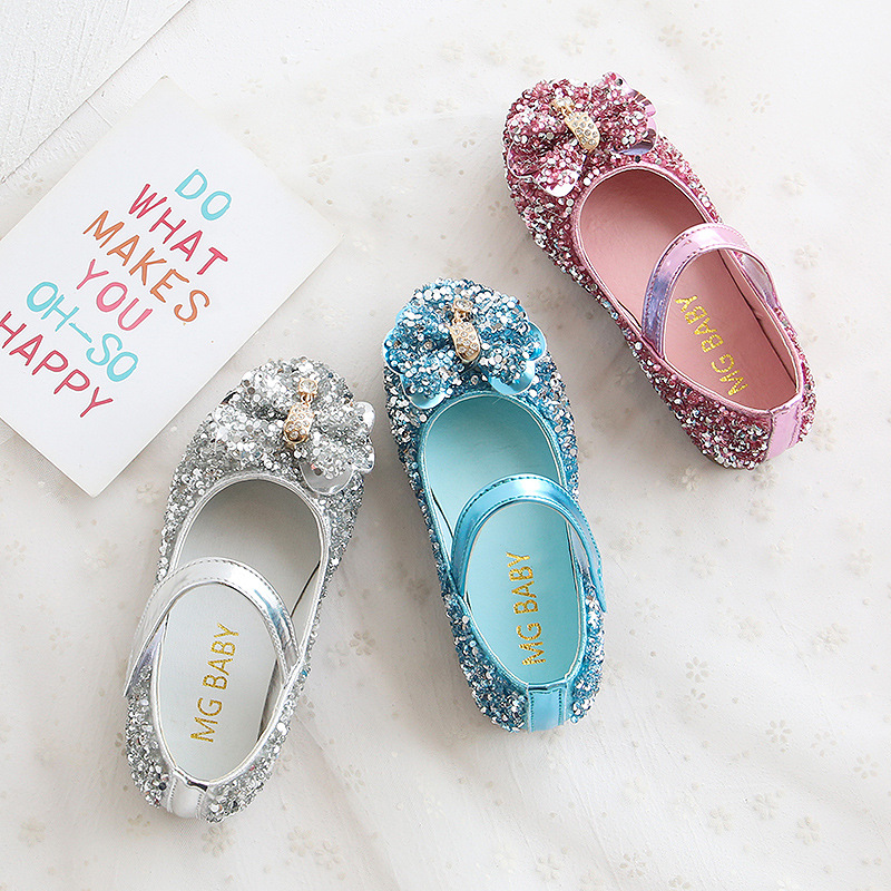 Children's Shoes 2023 Spring and Autumn New Arrival Sequined Bow Crystal Shoes Korean Style Flat Princess Casual Girl's Leather Shoes