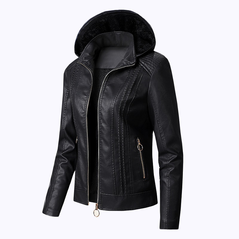 2022 Amazon wish popular European and American fashion jacket lapel solid color zipper leather coat plus size short coat for women