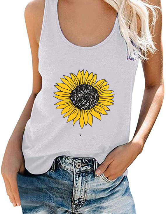2021 Summer Cross-border Amazon Explosions Women's Top Sunflower Printed Sleeveless Vest Round Neck Women's T-Shirt