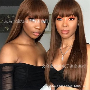 Tongcan new European and American wig with neat bangs black brown long straight hair high temperature silk wig wholesale spot promotion