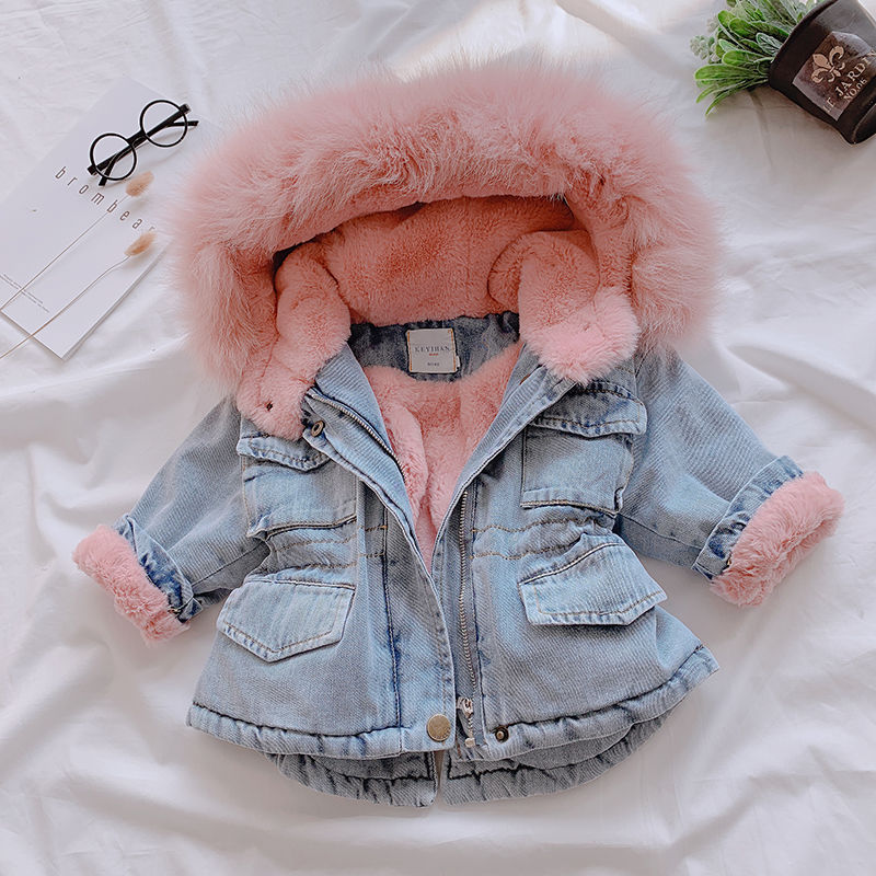 Children's winter new denim padded warm coat, Korean style, trendy children's faux fur collar cotton-padded jacket