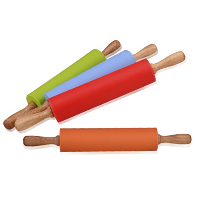 Wholesale 29cm baking tools silicone rolling pin solid wood handle roller non-stick rolling pin stick flour stick