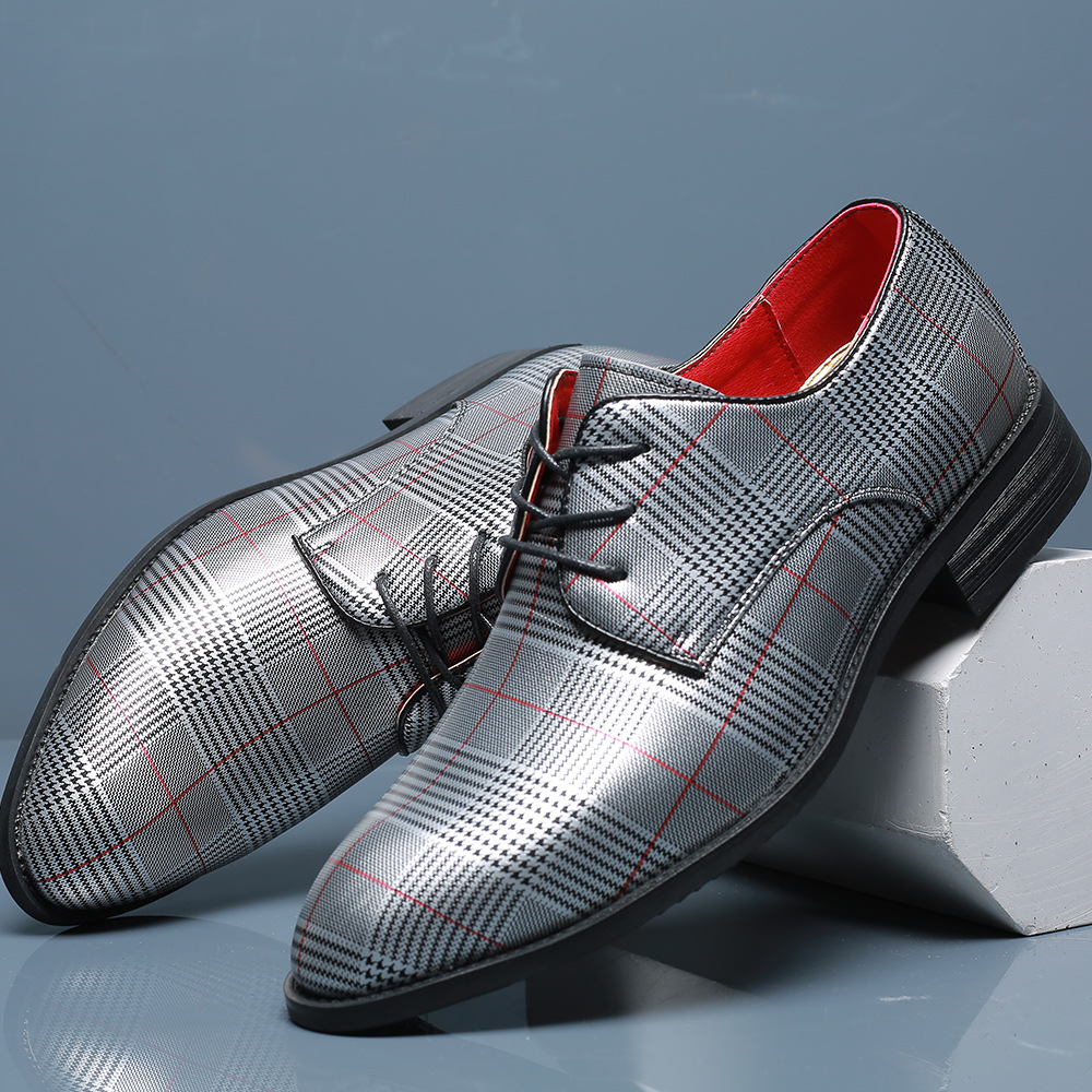 2023 Men's Fashion Business Casual Leather Shoes Lace-up Striped Barber Shoes Korean Style Foreign Trade Large Size Men's Shoes 48