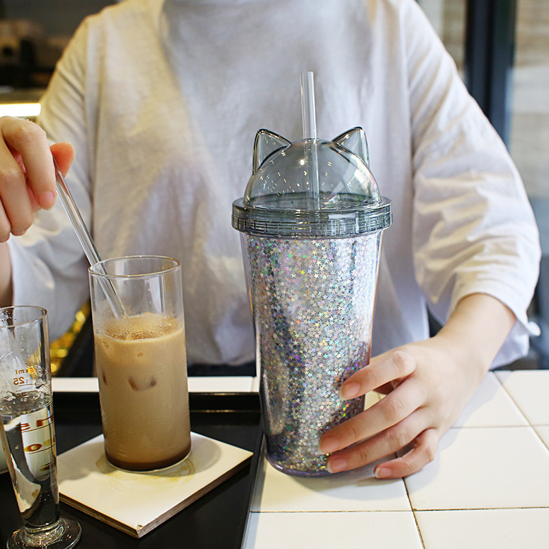 代件水杯insプラスチックストローカップ創意プレゼントカップ猫耳フラッシュ片二重カップロゴ|undefined