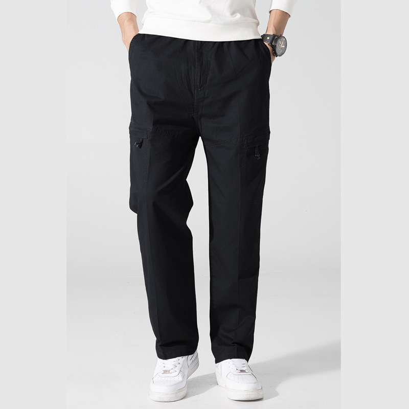 Cross-border Fat Guy Workwear Trousers Solid Color Large Size Workwear Multi-pocket Trousers Middle-aged Solid Color Washed Casual Trousers for Men