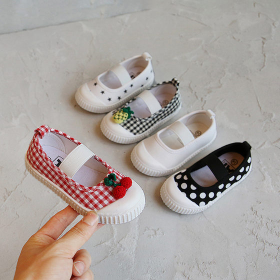 Korean girls square mouth shoes Cherry Wave canvas shoes baby toddler shoes kindergarten l 61 small white shoes