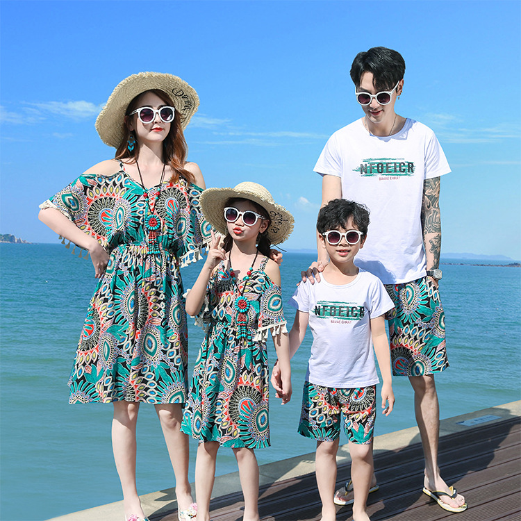 New Parent-child Summer Clothes Seaside Vacation Family of Three Off-shoulder Mid-length Bohemian Dress