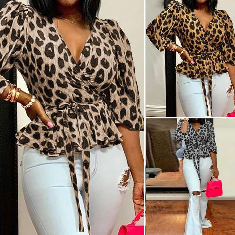 2024 cross-border wish European and American ebay Amazon large size V-neck long-sleeved loose leopard print tops women's clothing now