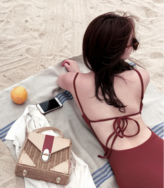 Korean-style New One-piece Swimsuit Sling Open-shoulder Triangle Belly-covering Slim Slim-fit Internet Celebrant Hot Spring Swimsuit