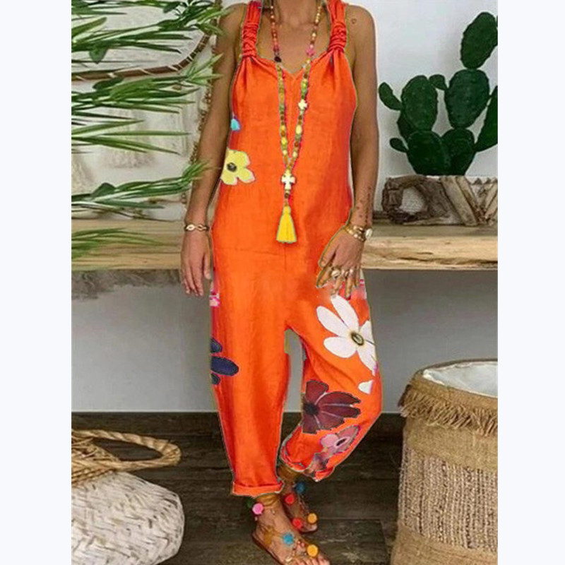 Spot 2022 European and American AliExpress Amazon women's loose casual large size printed one-piece suspenders