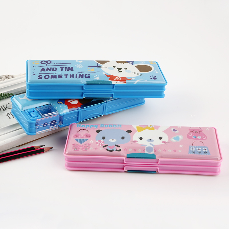 Multifunctional children's pencil case cartoon pencil case with pencil sharpener double open plastic pencil case for primary school students