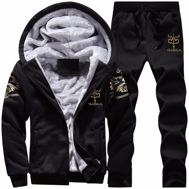 Autumn and winter new men's velvet padded middle-aged and elderly hooded casual suit Korean men's two-piece sportswear