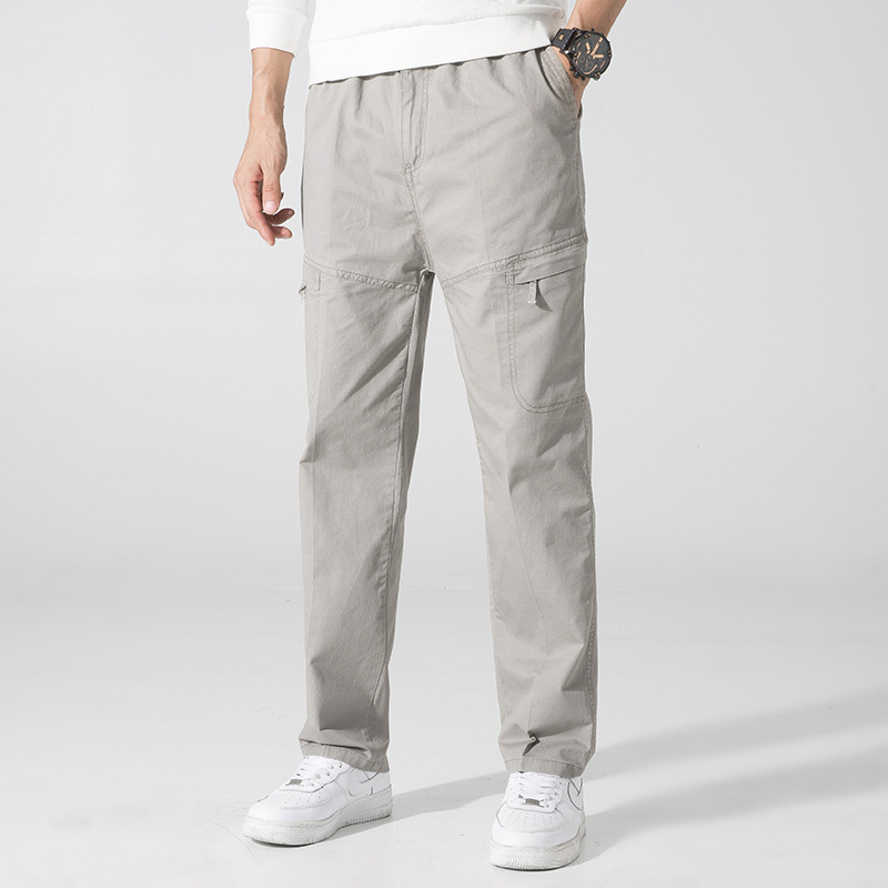 Cross-border Fat Guy Workwear Trousers Solid Color Large Size Workwear Multi-pocket Trousers Middle-aged Solid Color Washed Casual Trousers for Men