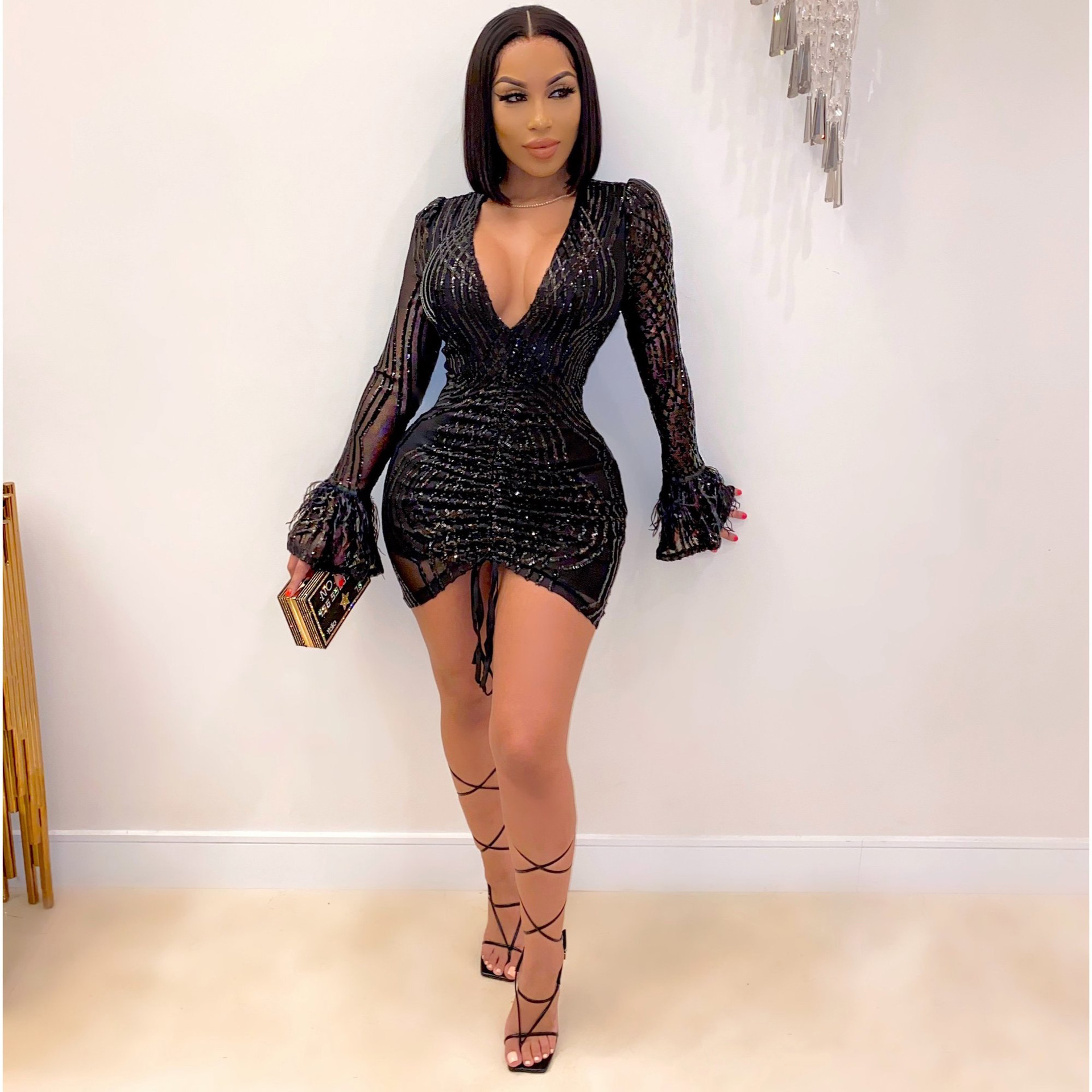 8785 European and American Amazon New V-neck Ostrich Hair Lantern Sleeve Nightclub Sequin Party Sexy A- line Dress
