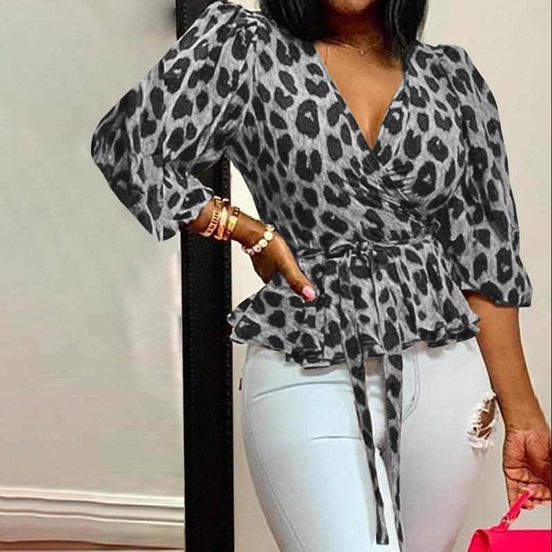 2024 cross-border wish European and American ebay Amazon large size V-neck long-sleeved loose leopard print tops women's clothing now