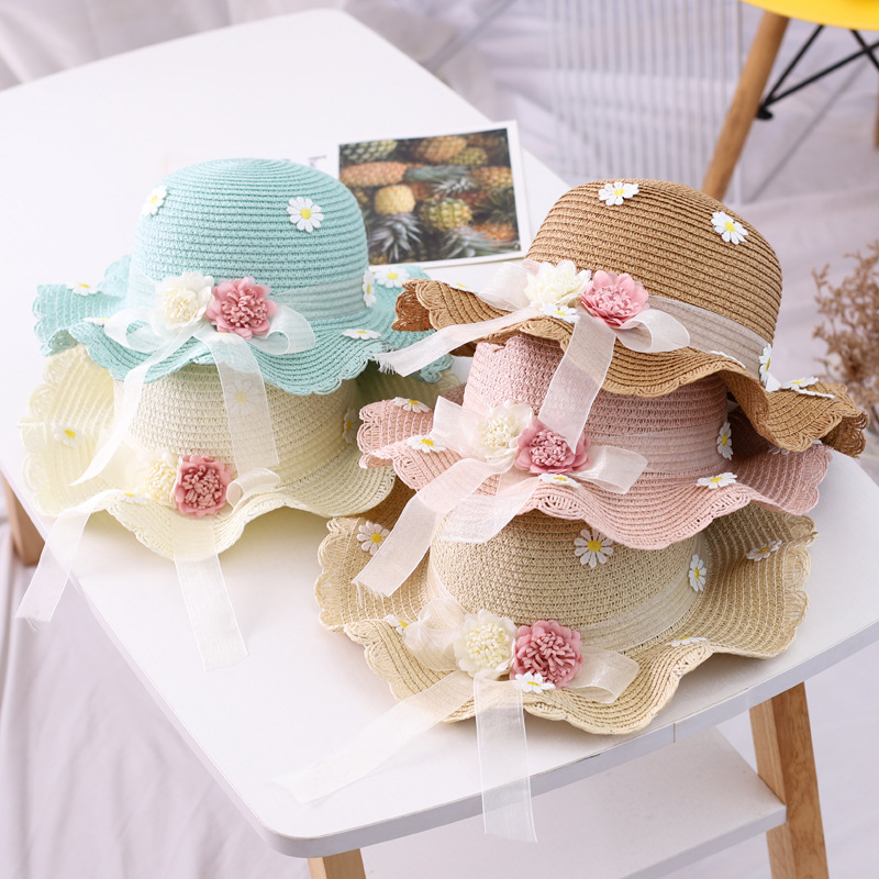 Chapeau de paille pour fille, chapeau d'été en ruban de paille, chapeau pare-soleil à fleurs, chapeau de pêcheur, ensemble de sacs de protection solaire parent-enfant_voghion.com