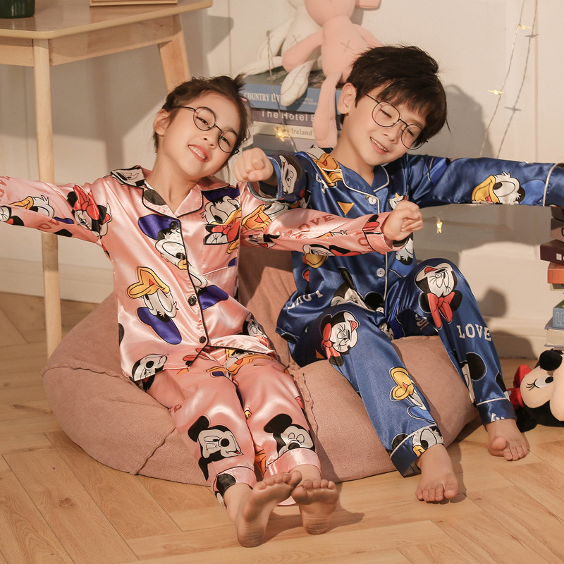 Children's Pajamas Thin Boys and Girls Big Baby Summer Suit Girls Kids Long Sleeve Ice Silk Air Conditioning Home Clothes