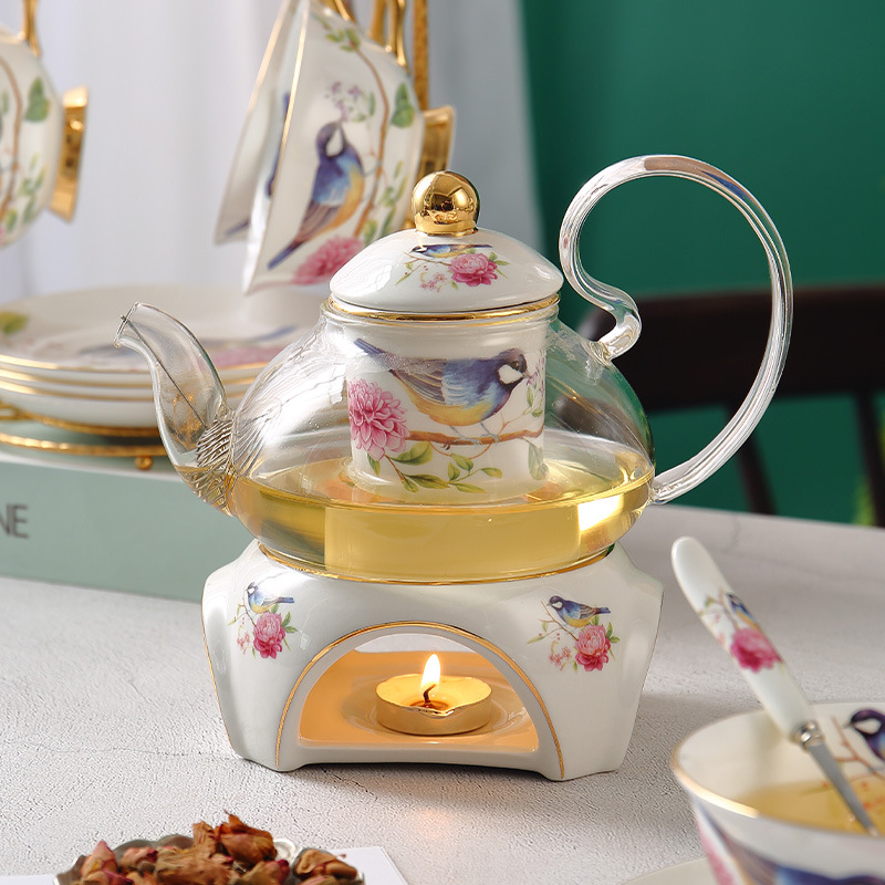 British bone china afternoon tea set flower tea cup suit household European Nordic fruit teapot glass candle heating