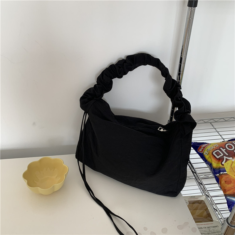 Canvas Bag Women's Korean-style Single-shoulder Pleated Drawstring Canvas Bag Small Fresh Artistic Solid Color Portable Crossbody Casual Women's Bag_voghion.com