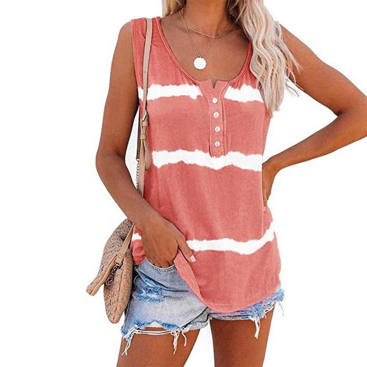 2023 Summer New Cross-border Women's Top Amazon Europe and America Hot Striped Printed Button Women's Vest T-Shirt