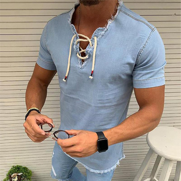 Cross-border European and American Amazon Men's Denim shirt lace-up tassel stretch men's Denim shirt men's shirt