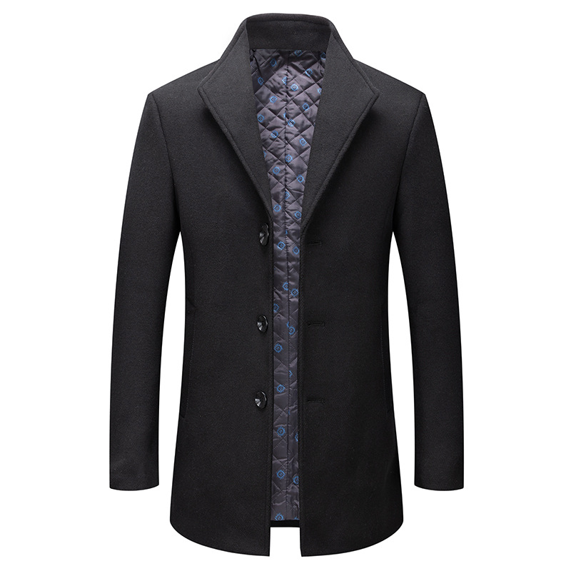 Autumn and Winter new mid-length woolen coat men's fashion cotton-padded non-ironing wool coat coat stand lapel woolen men