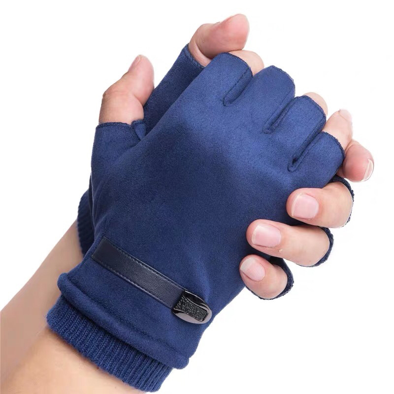 Half-Finger Gloves Men's Autumn and Winter Warm Fleece-Lined Thin Student Driving Five-Finger Outdoor Half-Finger Exposure Writing Gloves
