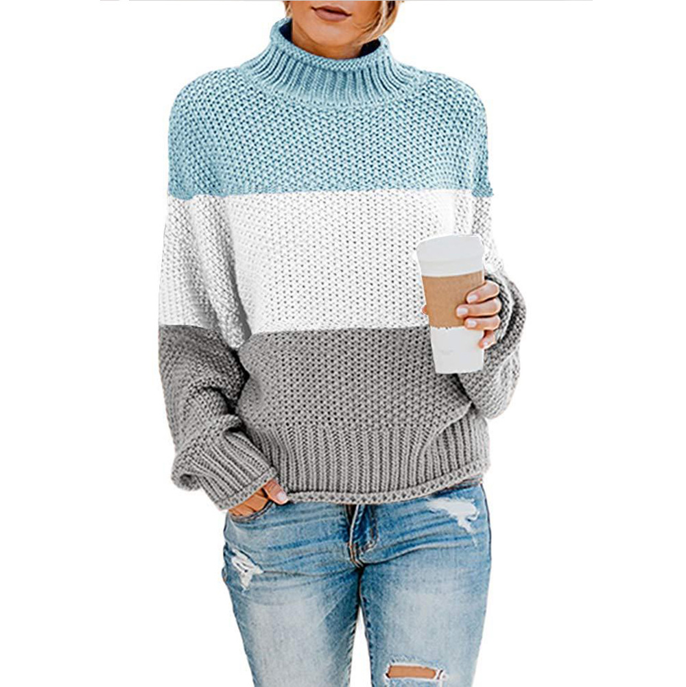 2024 cross-border wish autumn and winter new sweater sweater foreign trade women's Amazon thick line color matching high collar pullover