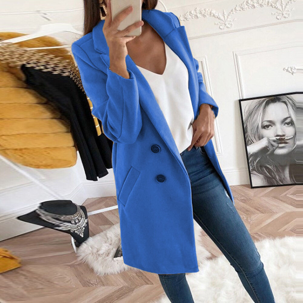 2022 Europe and the United States Amazon new wish solid color lapel long button tweed coat women