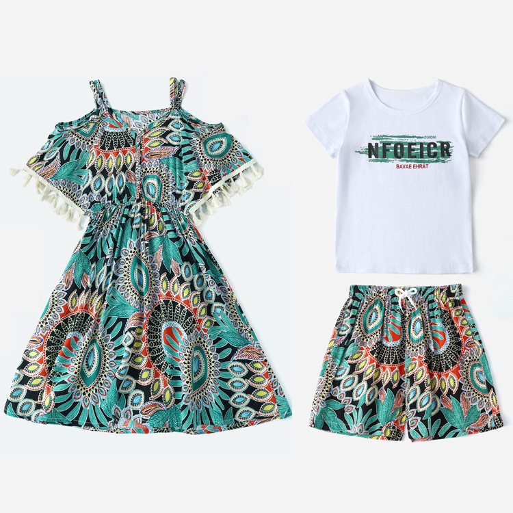 New Parent-child Summer Clothes Seaside Vacation Family of Three Off-shoulder Mid-length Bohemian Dress