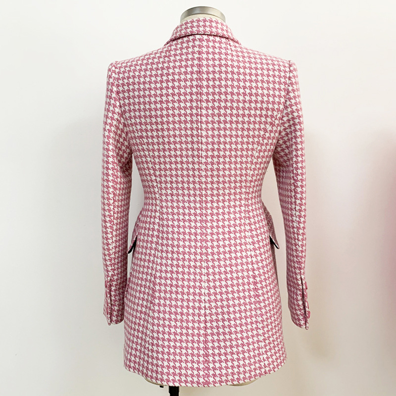 Spot European and American quality sharp 2024 autumn and winter suit collar slim pink houndstooth wool coat coat_voghion.com