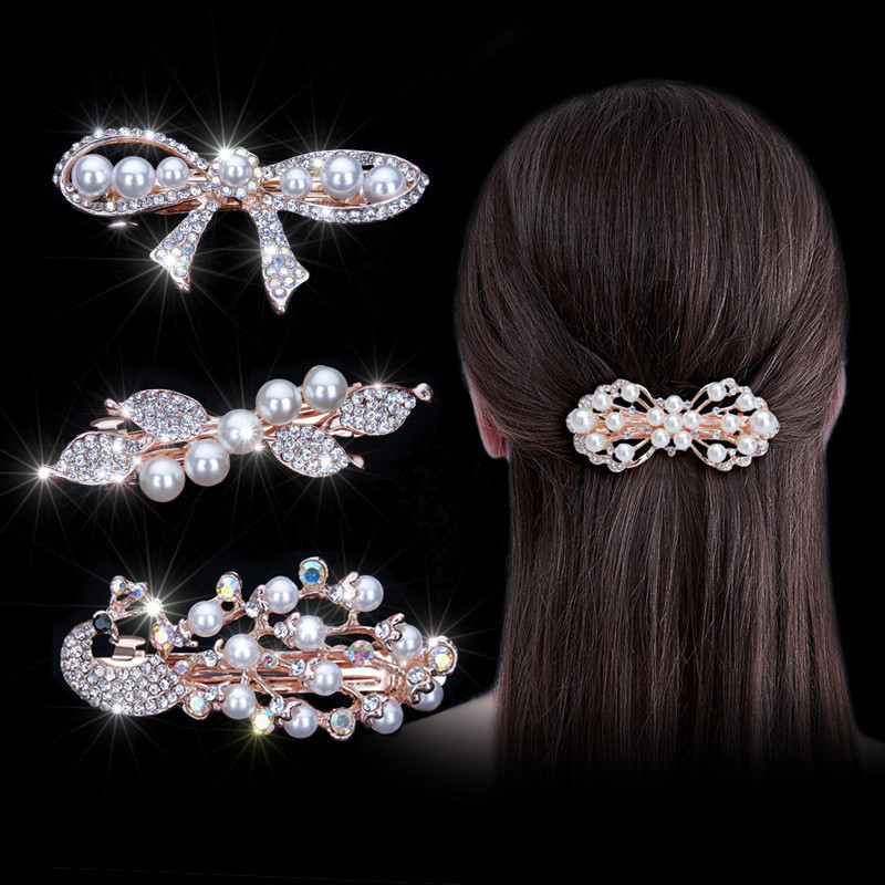 Accessori per capelli coreani fiocco di strass semplice forcina per adulti Perla clip orizzontale clip per coda di cavallo clip superiore clip a molla piccola_voghion.com