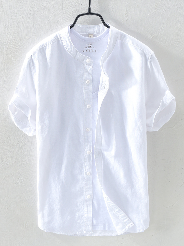 2020 new European and American ebay popular cotton and linen short-sleeved men's solid color stand collar single-breasted casual shirt men's clothing
