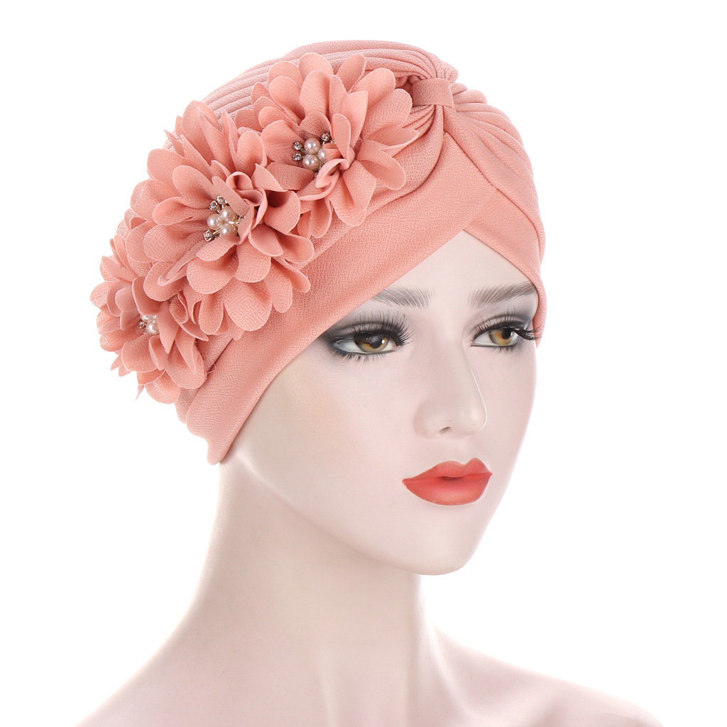 10 color AliExpress turban hat pleated watermelon hat applique three flower turban hat fashion bag head hat