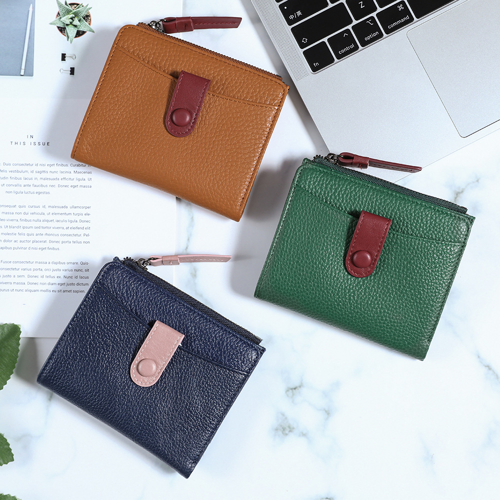 Foreign Trade Genuine Leather Short Wallet Women's European and American Fashion New First Layer Cowhide Card Bag Zipper Women's Wallet for Hair