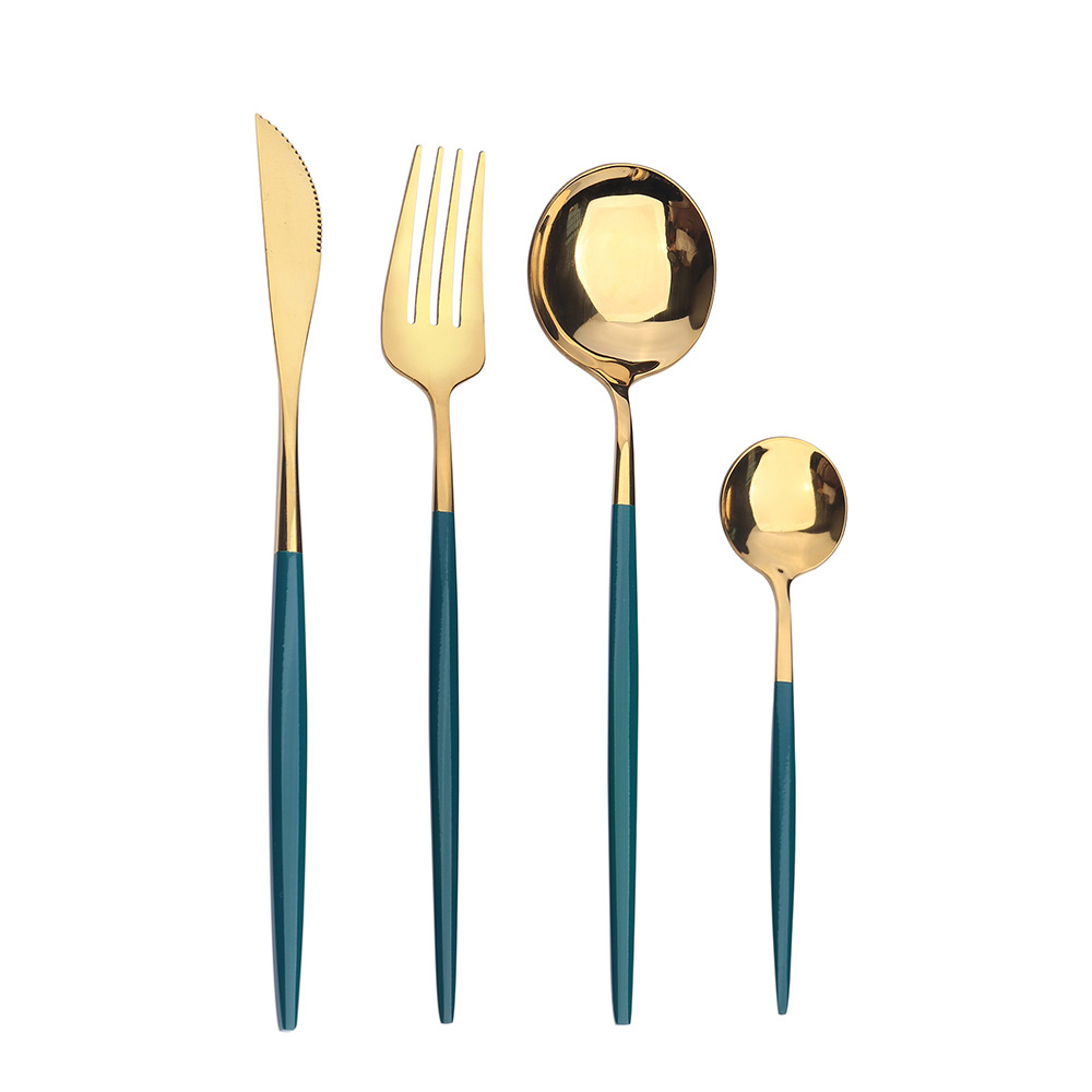 Q牛排刀叉圆勺不锈钢勺子 葡萄牙餐具套装金色长柄叉勺筷西餐刀叉