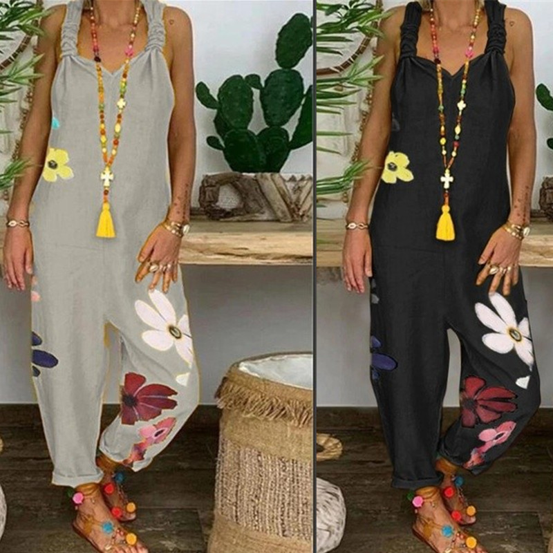 Spot 2022 European and American AliExpress Amazon women's loose casual large size printed one-piece suspenders