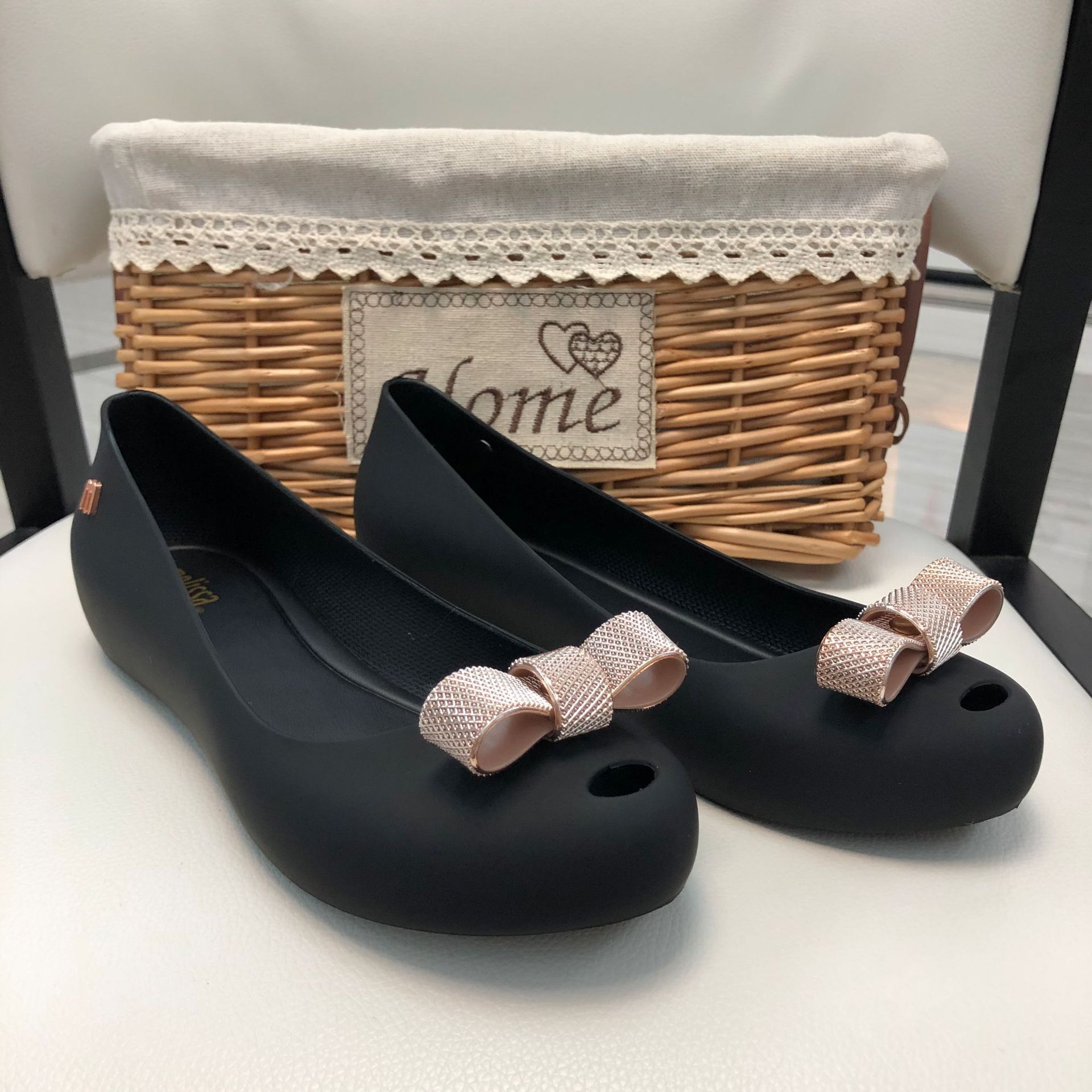 Melissa Same Style Metal Bow Jelly Shoes Low Mouth Flat Women's Single Shoes Fish Toe Sandals Inner Height Increase for Holiday