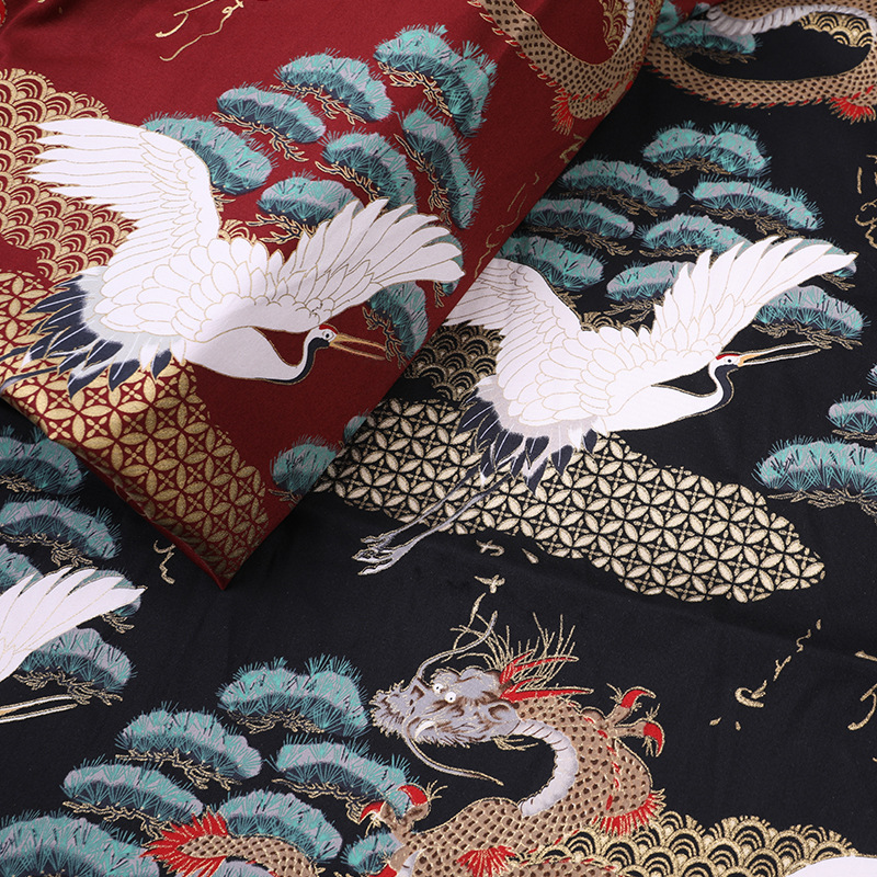 Spot supply cotton Japanese style gilding stretch satin crane modified cheongsam dress tablecloth fabric